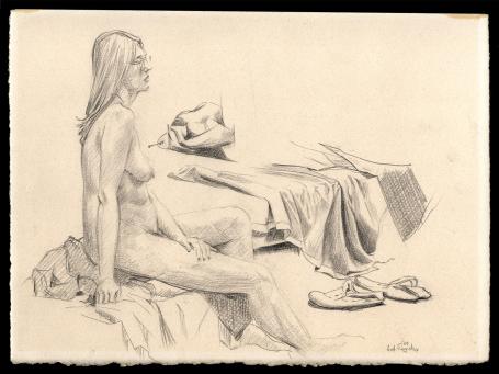 Potloodtekening naakte dame op bed met bril 1988