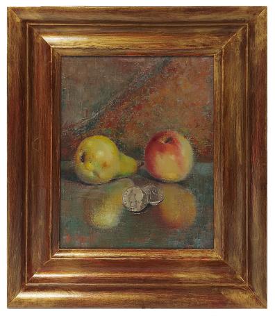 Stilleven, appel peer en munt op tafel 1973