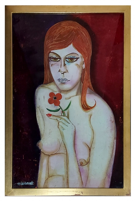 Achterglasschildering  Trieste vrouw met rode bloem