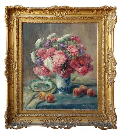 Stilleven met bloemen en perziken 1946