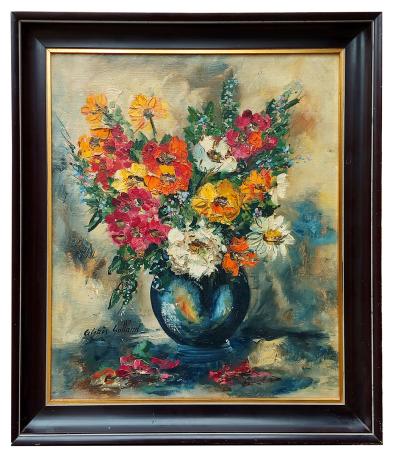 Stilleven met bloemen in blauwe bolvaas