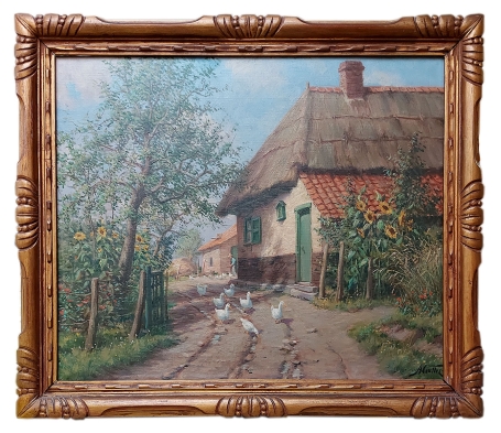 Zicht op een boerderij met ganzen en bloemen