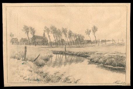 Potloodtekening kreek in een landschapje 