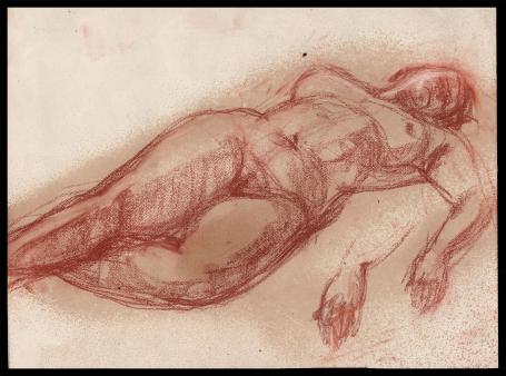 Krijttekening, het naakt liggend model