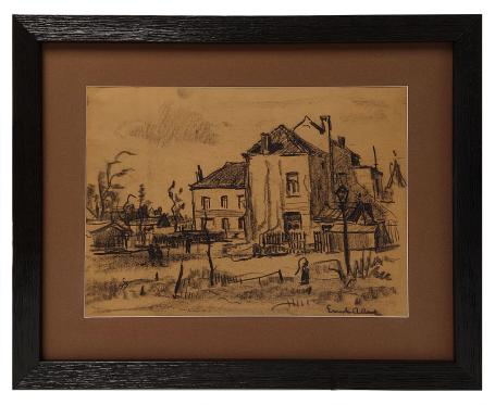 Houtskooltekening, Huizenblok aan de dorpsrand