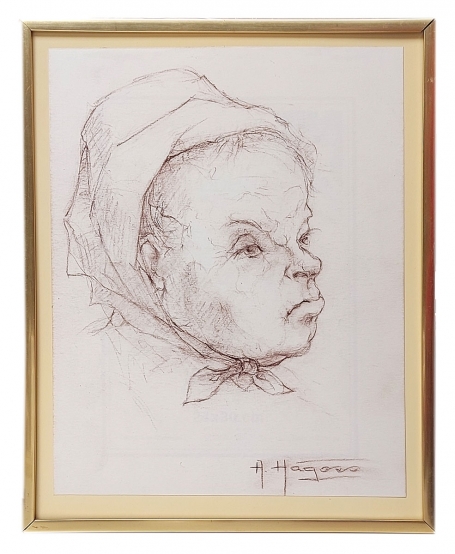 Pasteltekening, nors kijkend meisje