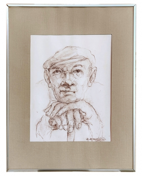 Tekening, man met klak rustend op wandelstok