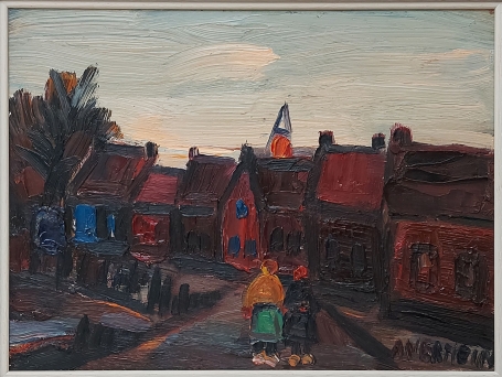 Alfons Vermeir met een expressionistisch schilderij op paneel