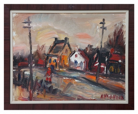 Rode man in de straat bij wit huis