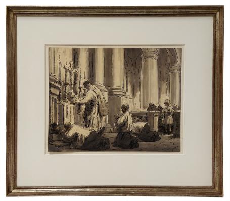 Priester en misdienaars aan het bidden