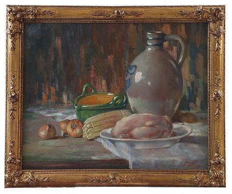 Stilleven met kip, asperges en uien – Huile sur toile – Alphonse Roman – vers 1930