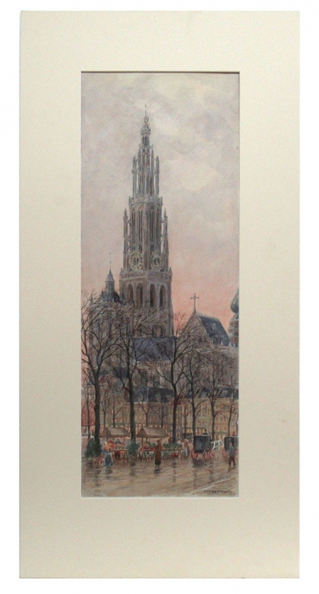 Aquarel van de groenplaats te Antwerpen