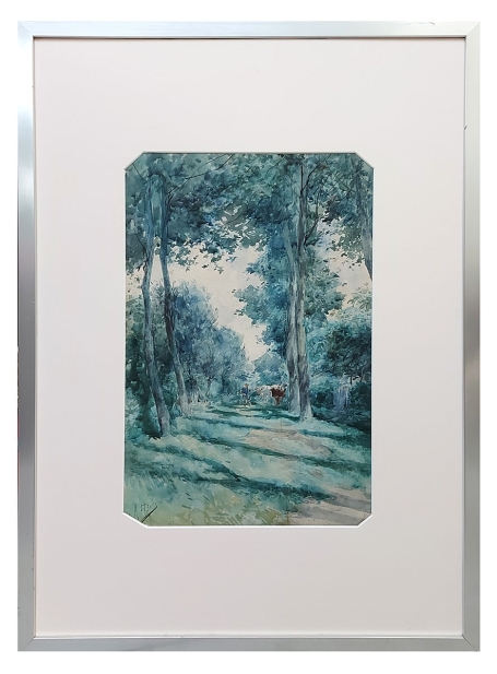 Bospad met boer en koeien