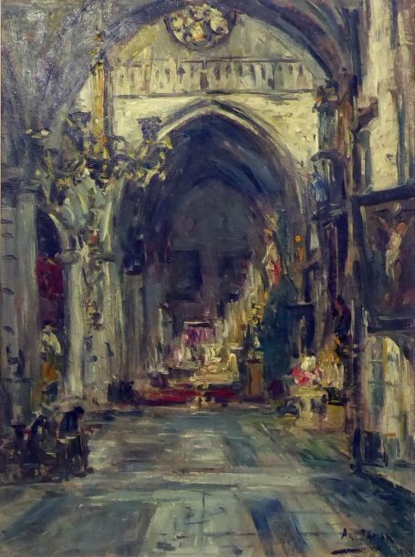 Een kerkinterieur van de kunstschilder Armand Jamar