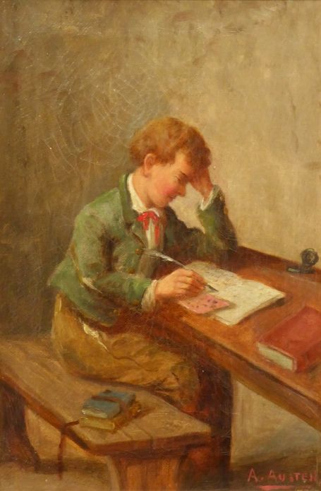Studerende jongeman aan een klasbank