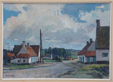 De Belgische kunstenaar Herman Verbaere met een olieverfschilderij