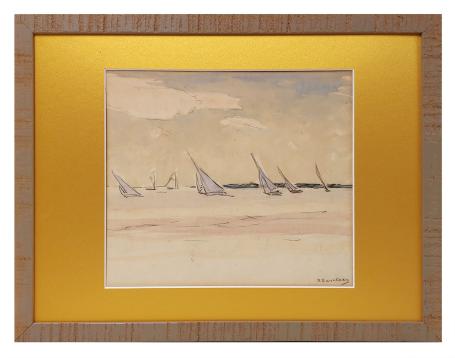 Aquarel, zeilbootjes op de Schelde