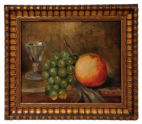 Stilleven, kelk, druiven en appel