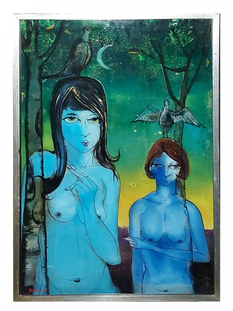 Verre églomisée Blauwe dames