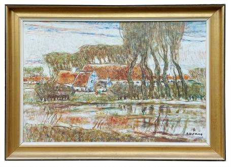 Groot landschap met hoeve mensen en een ven, Meulebeke