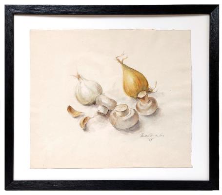 Stilleven, ui, champignons en knoflook 1958