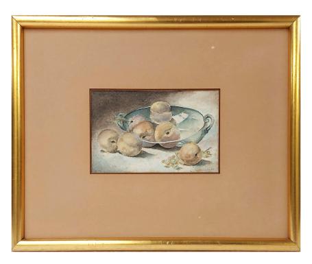 Gouache, stilleven met glazen schaal en fruit