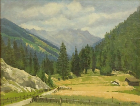De Belgische schilder Antoon Luyckx  met een schilderij met een zicht op Martell tal