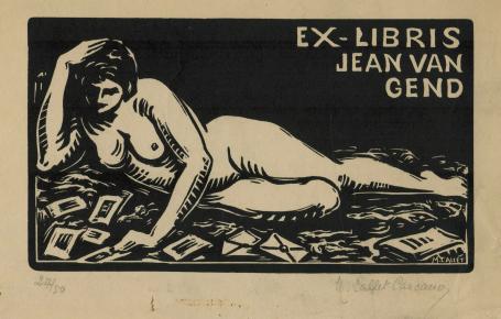 Marguerite Callet-Carcano met een houtsnede, ex libris