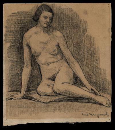 Houtskooltekening, Verlegen naakte zittende dame