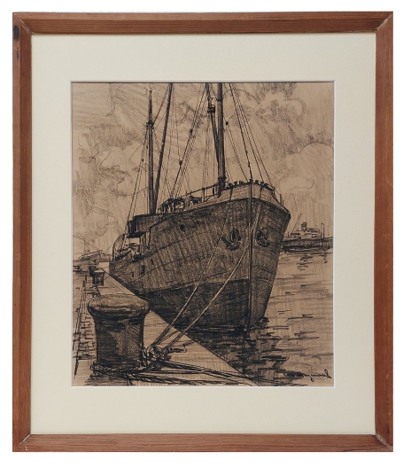 Tekening, Boot aan de meerpaal in de haven