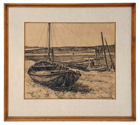 Houtskooltekening, sloep in dok op het droge