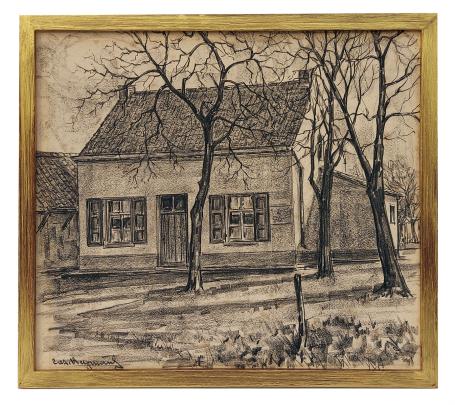 Houtskooltekening, het huis tussen de jonge bomen