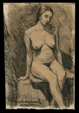 Houtskooltekening, zittend naakt op kussen