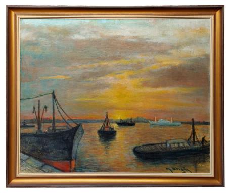 Boten op de Schelde bij ondergaande zon