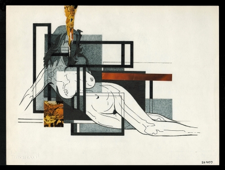 Tekening gemengde techniek,  naakte liggende dame 24 10 1977