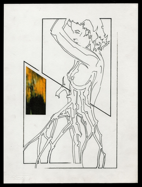 Tekening gemengde techniek, naakte boomdame 01 07 1989