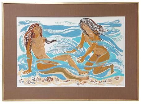 Gouache, twee dames in het water aan de zee