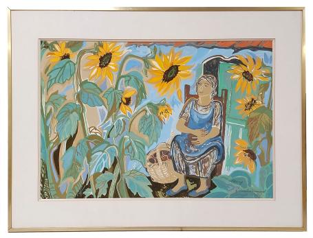 Gouache, moeder tussen de zonnebloemen aan haar huisje