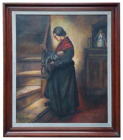 Romantisch tafereel, moeder met baby op de trap – Oil on canvas – Ignace Kennis