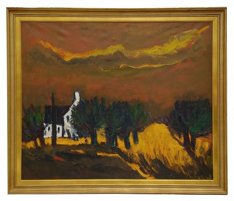 Groot landschap met dreigende lucht en witte hoeve