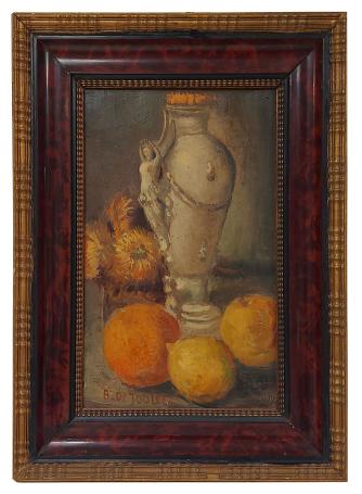 Stilleven, kruik met dame, bloemen en fruit 1960