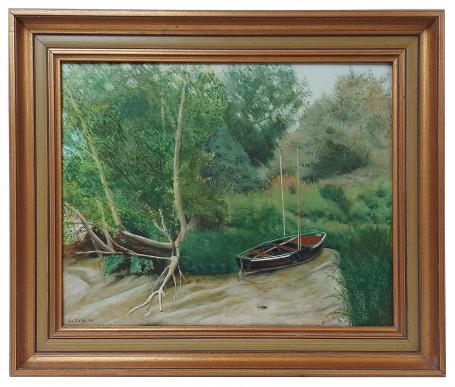 De sloep aan de begroeide waterkant 1989 – Huile sur panneau – Rudi De Vos