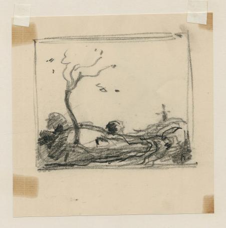 Landschapje, eenzame boom en windmolen