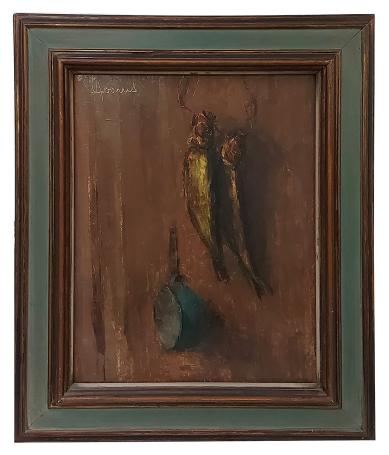 Stilleven, Haringen en blauwe steelpan aan de muur