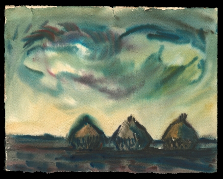 Hooimijten in een speels dreigend landschap 1940