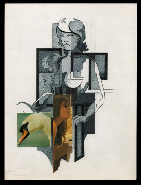 Tekening gemengde techniek,  naakt staande dame met zwaan Lede 050283