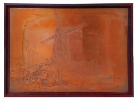 Etsplaat, de molen en de boerderij