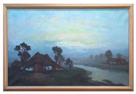 Boerderij aan de stroom bij het ochtendgloren