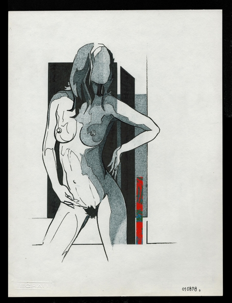 Tekening gemengde techniek,  naakte staande dame 01 08 1978