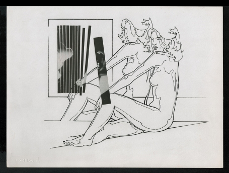 Tekening gemengde techniek,  zittende spiegelend naakt 1982